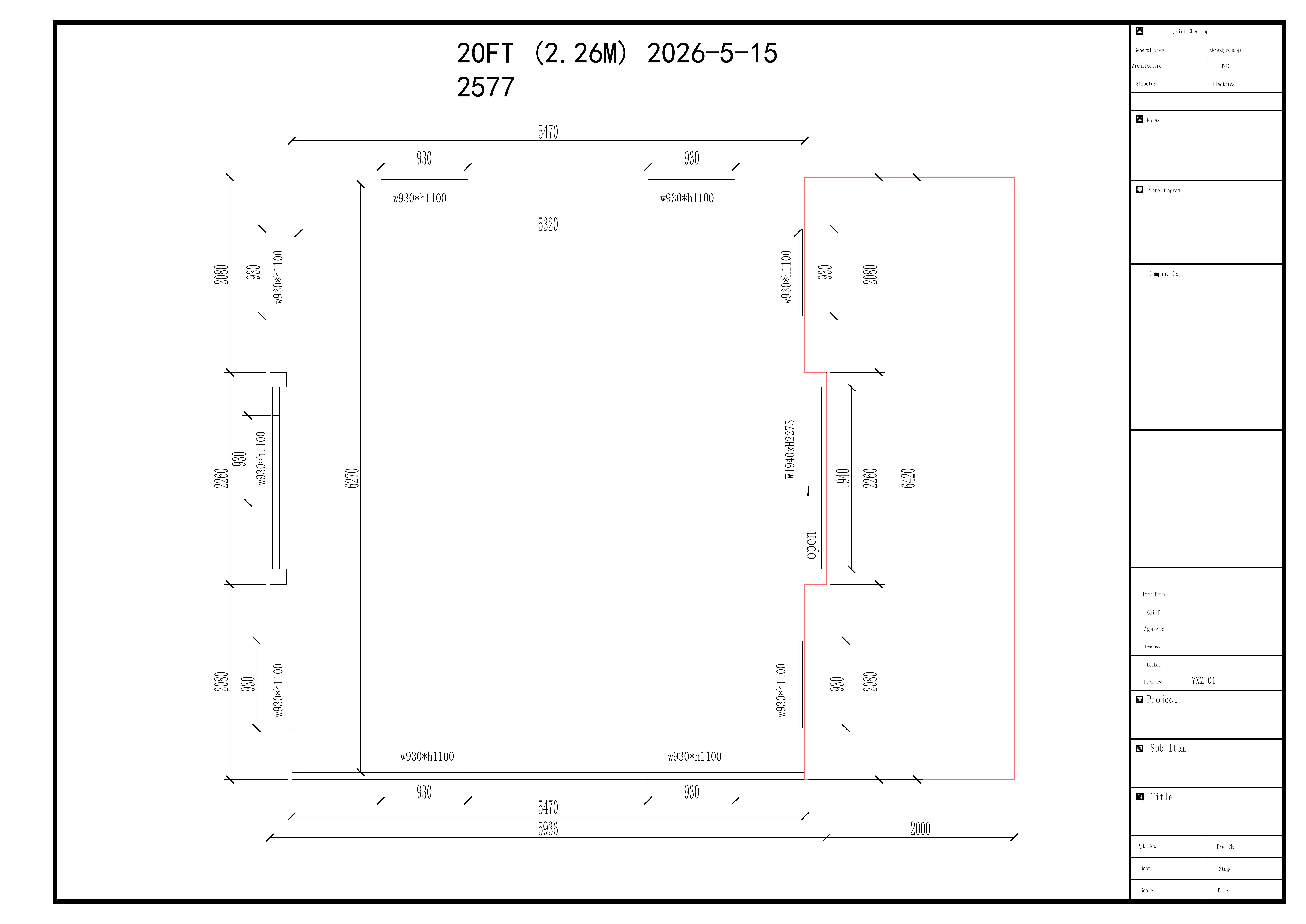 20ft Expander Luxe – Open Plan technical floor plan with dimensions