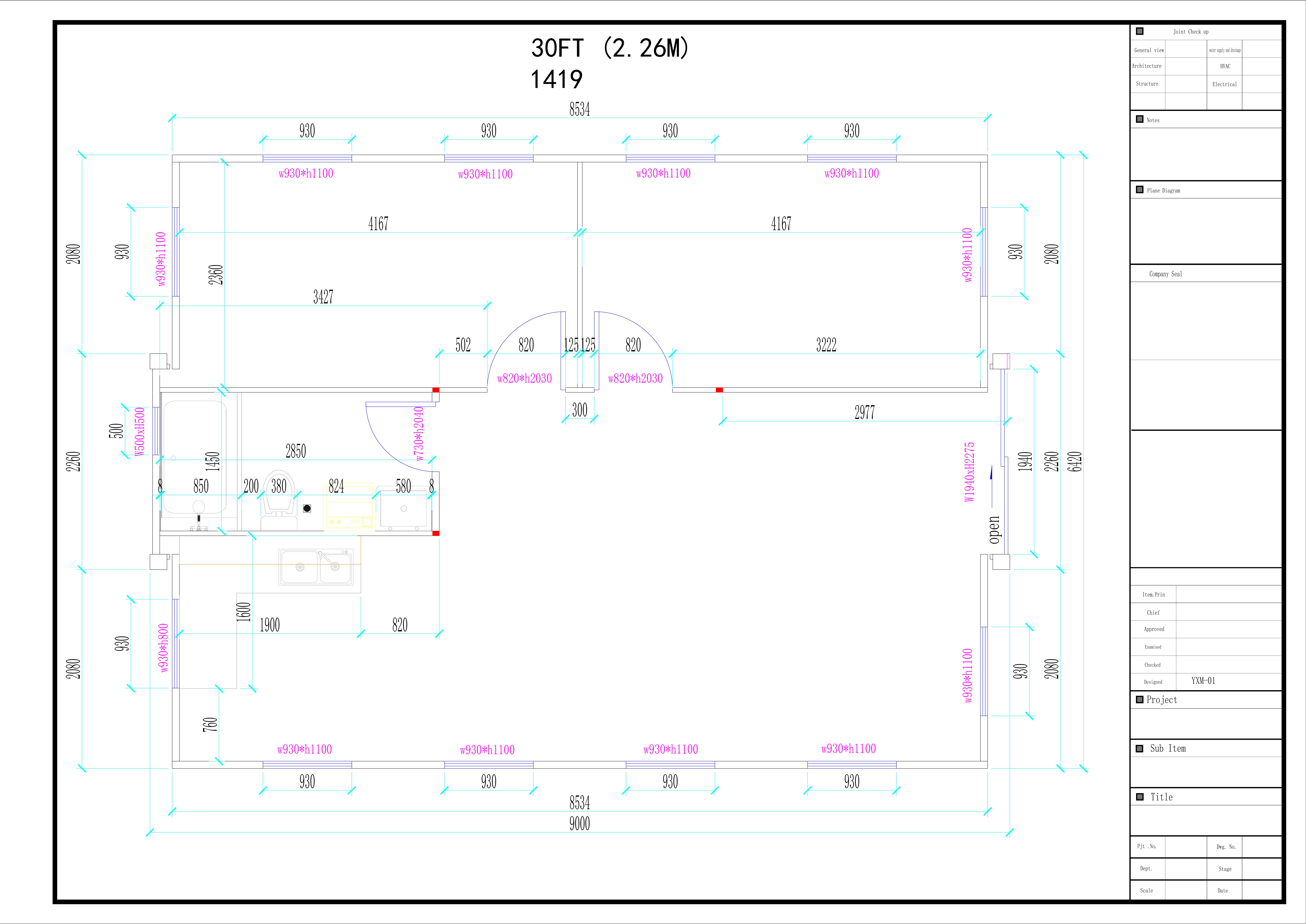 30ft Expander – 2 Bed technical floor plan with dimensions